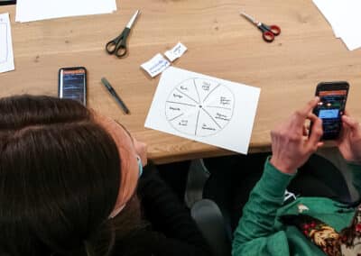 Deux femme vues de dessus face à une table pleine de papiers utilisent un smartphone